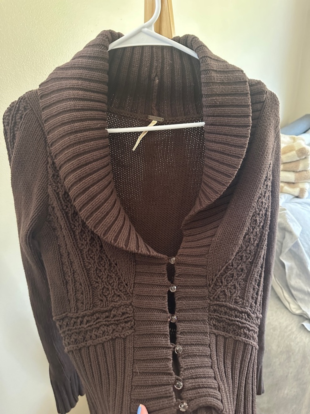 Vintage Free People Chocolate Brown Shawl Collar Button-Front Women’s Sweater - Picture 3 of 5